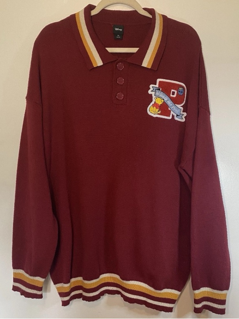 Disney Men’s XL Winnie The Pooh Letterman Collared Sweater Knit Sustainable